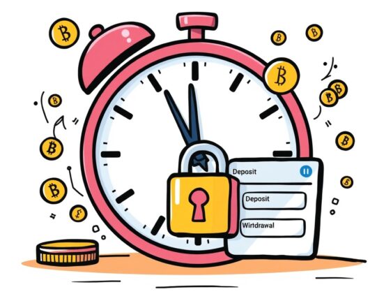 A cartoon illustration symbolizing the Upbit Scroll suspension, showing a temporary halt to crypto transactions for a network upgrade.