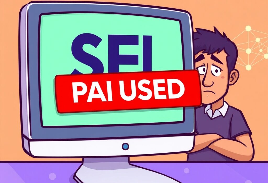 Cartoon illustration showing a paused transaction screen for SEI on the Upbit exchange, highlighting the Upbit SEI suspension.