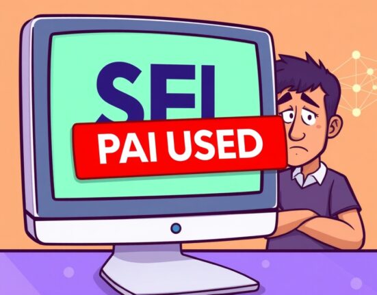 Cartoon illustration showing a paused transaction screen for SEI on the Upbit exchange, highlighting the Upbit SEI suspension.