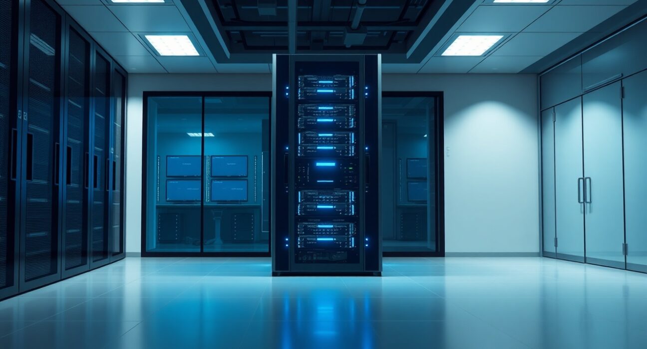 Upbit server maintenance in a secure data center ensuring trading platform stability.