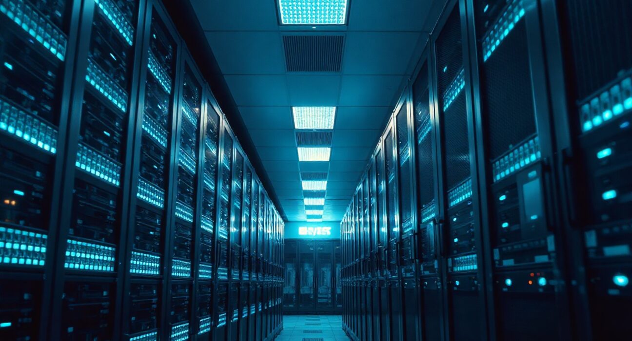 Illuminated server racks in a data center, representing Upbit's scheduled maintenance for system stability.