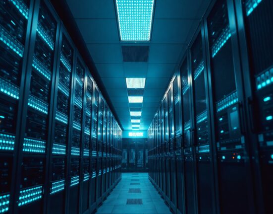 Illuminated server racks in a data center, representing Upbit's scheduled maintenance for system stability.