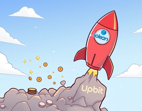 Upbit Solana services resume illustrated as a rocket launch, symbolizing renewed network activity and trading.