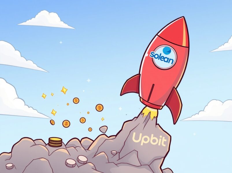 Upbit Solana services resume illustrated as a rocket launch, symbolizing renewed network activity and trading.