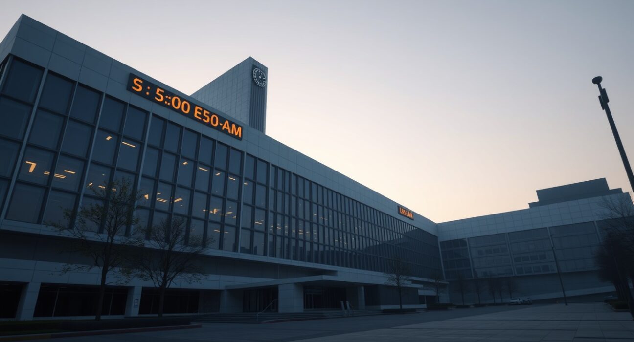 Modern exchange building at dawn with a clock showing 5:30 AM, representing a minor listing time adjustment.