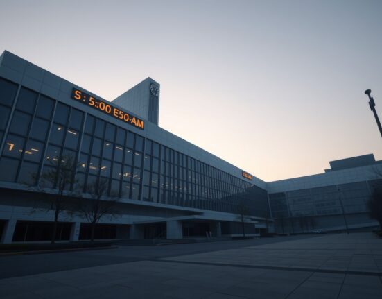Modern exchange building at dawn with a clock showing 5:30 AM, representing a minor listing time adjustment.