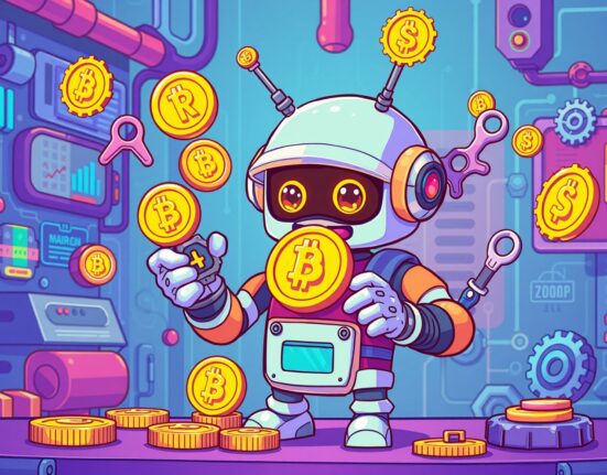 Upbit staking maintenance illustrated as friendly robot servicing digital cryptocurrency coins