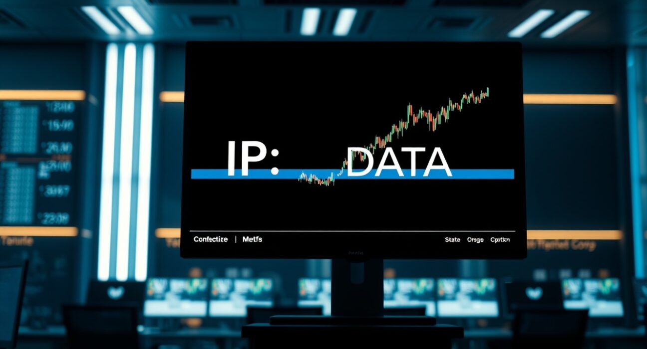 Digital exchange monitor displaying IP to DATA ticker change on Upbit trading interface