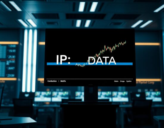 Digital exchange monitor displaying IP to DATA ticker change on Upbit trading interface