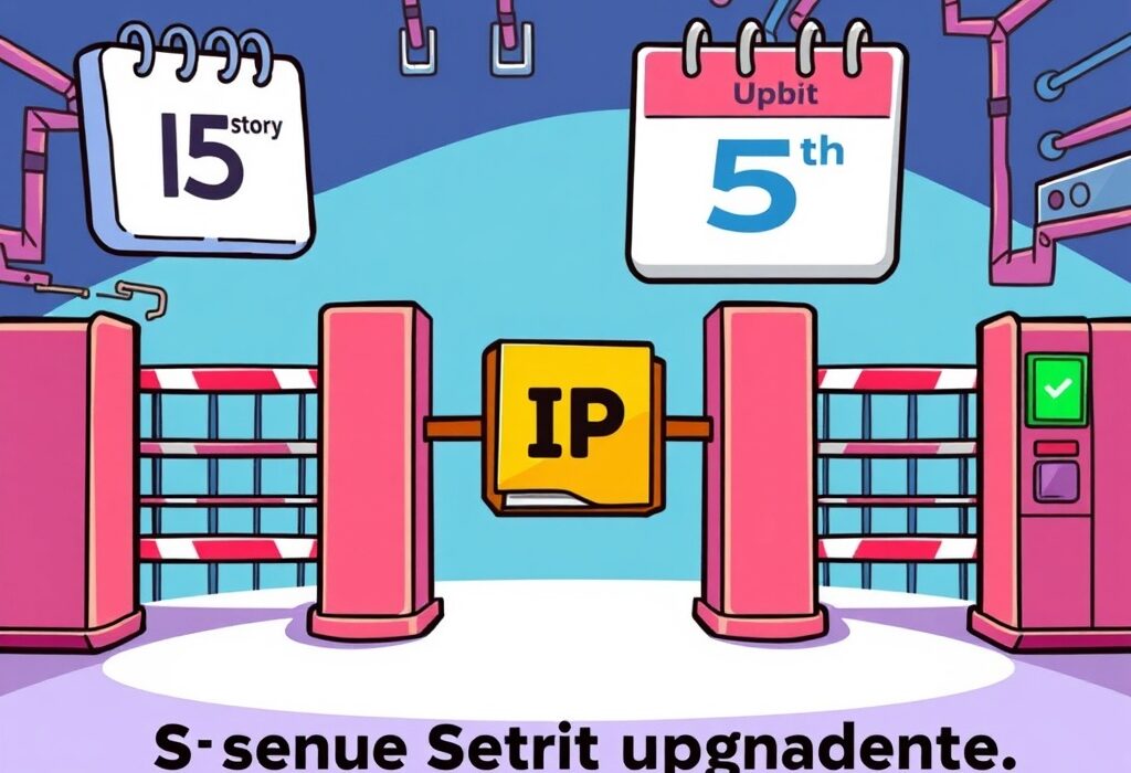 Cartoon showing a digital asset representing Story (IP) temporarily paused at an Upbit gate, illustrating the Upbit Story IP suspension for a network upgrade.