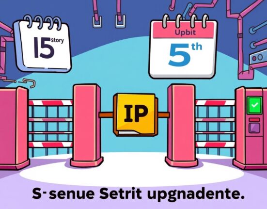 Cartoon showing a digital asset representing Story (IP) temporarily paused at an Upbit gate, illustrating the Upbit Story IP suspension for a network upgrade.