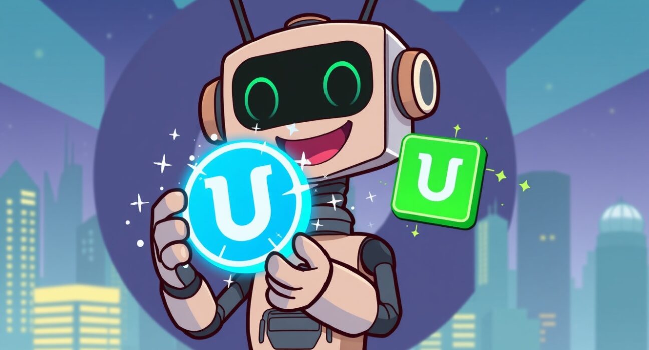 A cartoon robot holds a token transforming from Stratis to Xertra, symbolizing the Upbit Stratis rebranding.