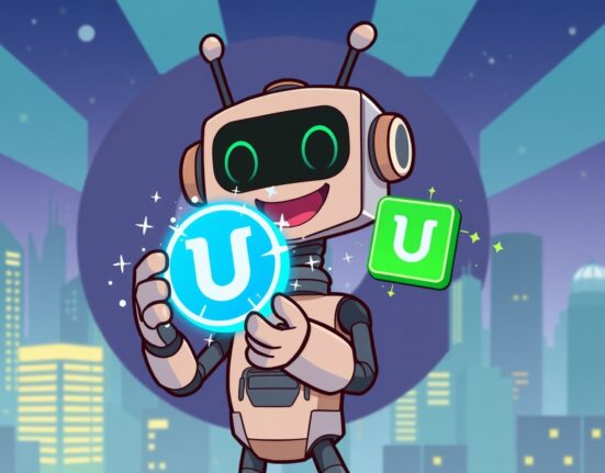 A cartoon robot holds a token transforming from Stratis to Xertra, symbolizing the Upbit Stratis rebranding.