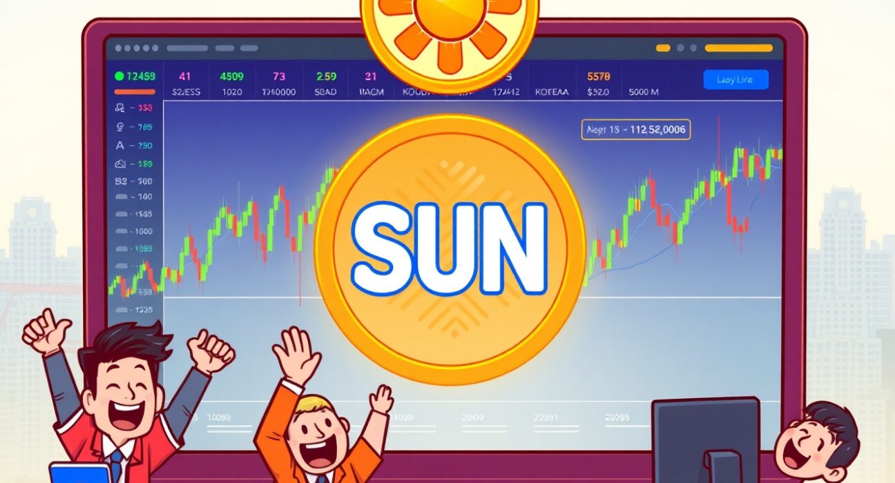 An animated scene illustrating the significant impact of the Upbit SUN listing on crypto traders and the market.