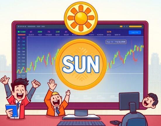 An animated scene illustrating the significant impact of the Upbit SUN listing on crypto traders and the market.