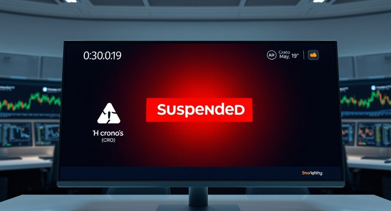 Upbit exchange interface showing Cronos (CRO) suspended status with network upgrade notice