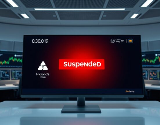 Upbit exchange interface showing Cronos (CRO) suspended status with network upgrade notice