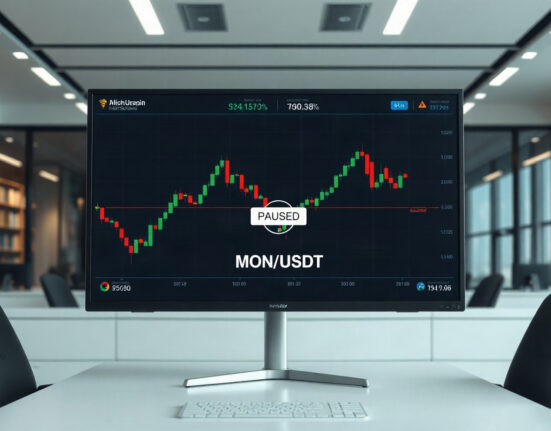 Upbit exchange interface showing MON suspension notice for Monad hard fork