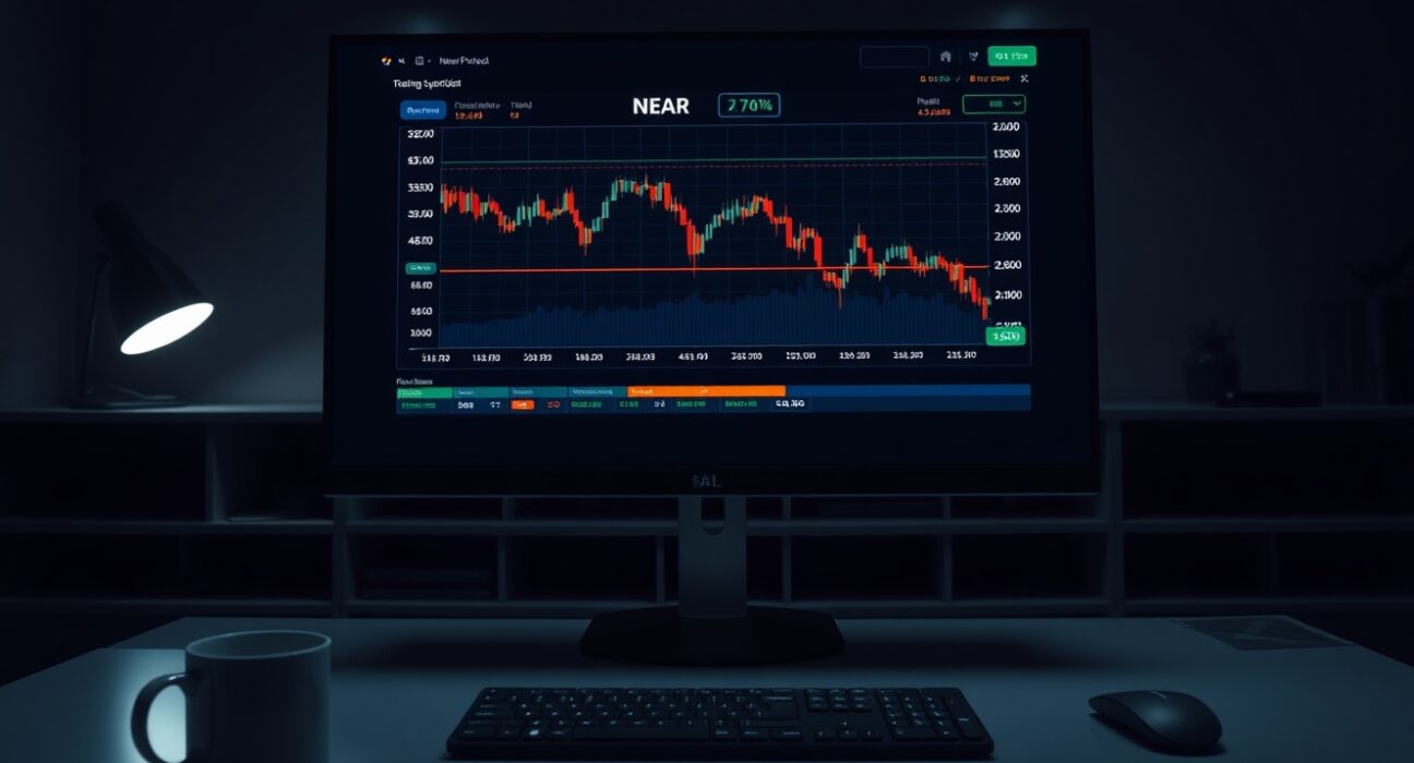 Upbit exchange interface showing Near Protocol (NEAR) trading suspension notice on a monitor in a modern office