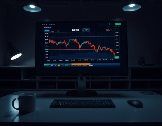 Upbit exchange interface showing Near Protocol (NEAR) trading suspension notice on a monitor in a modern office
