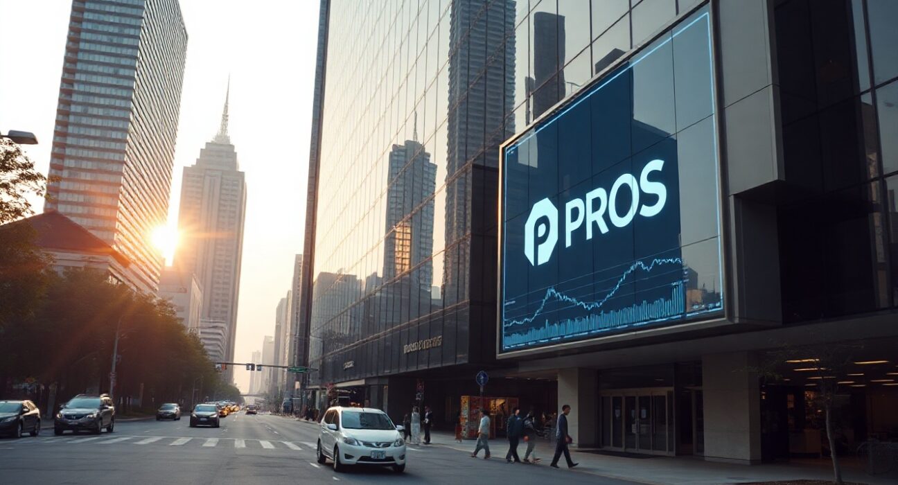 Exterior of a modern building in Seoul with a digital screen showing Pharos PROS cryptocurrency data