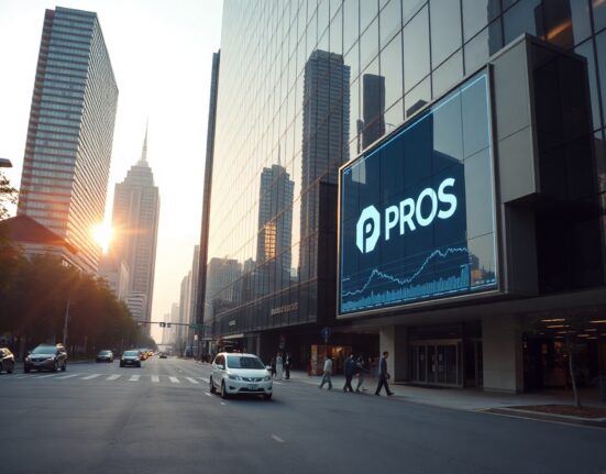 Exterior of a modern building in Seoul with a digital screen showing Pharos PROS cryptocurrency data