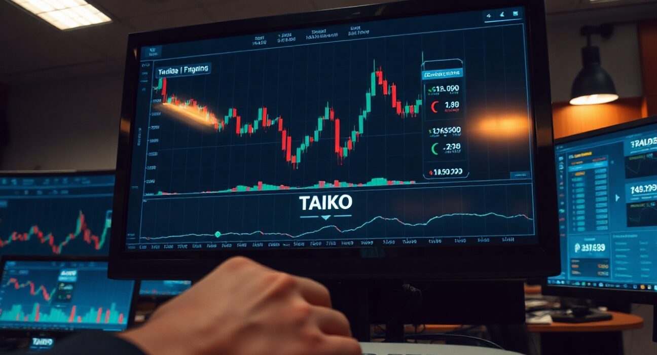 Upbit exchange interface showing TAIKO trading pair with charts and pause icon overlay