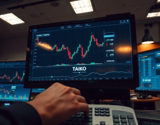 Upbit exchange interface showing TAIKO trading pair with charts and pause icon overlay