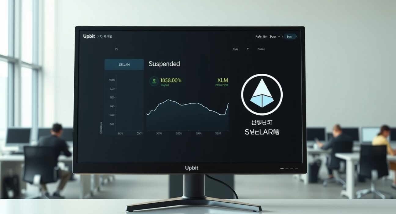 Upbit exchange interface showing Stellar XLM suspension notice on a monitor in a Seoul office