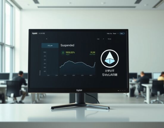 Upbit exchange interface showing Stellar XLM suspension notice on a monitor in a Seoul office