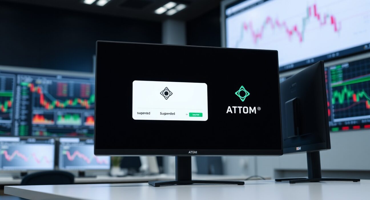 Upbit exchange interface showing ATOM deposit and withdrawal suspension notice