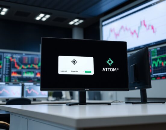 Upbit exchange interface showing ATOM deposit and withdrawal suspension notice