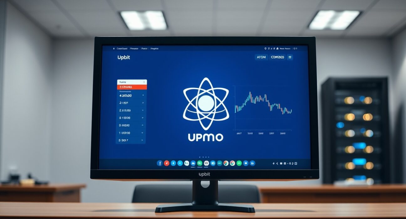 Upbit exchange interface with Cosmos ATOM logo on a monitor in a modern office