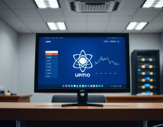 Upbit exchange interface with Cosmos ATOM logo on a monitor in a modern office