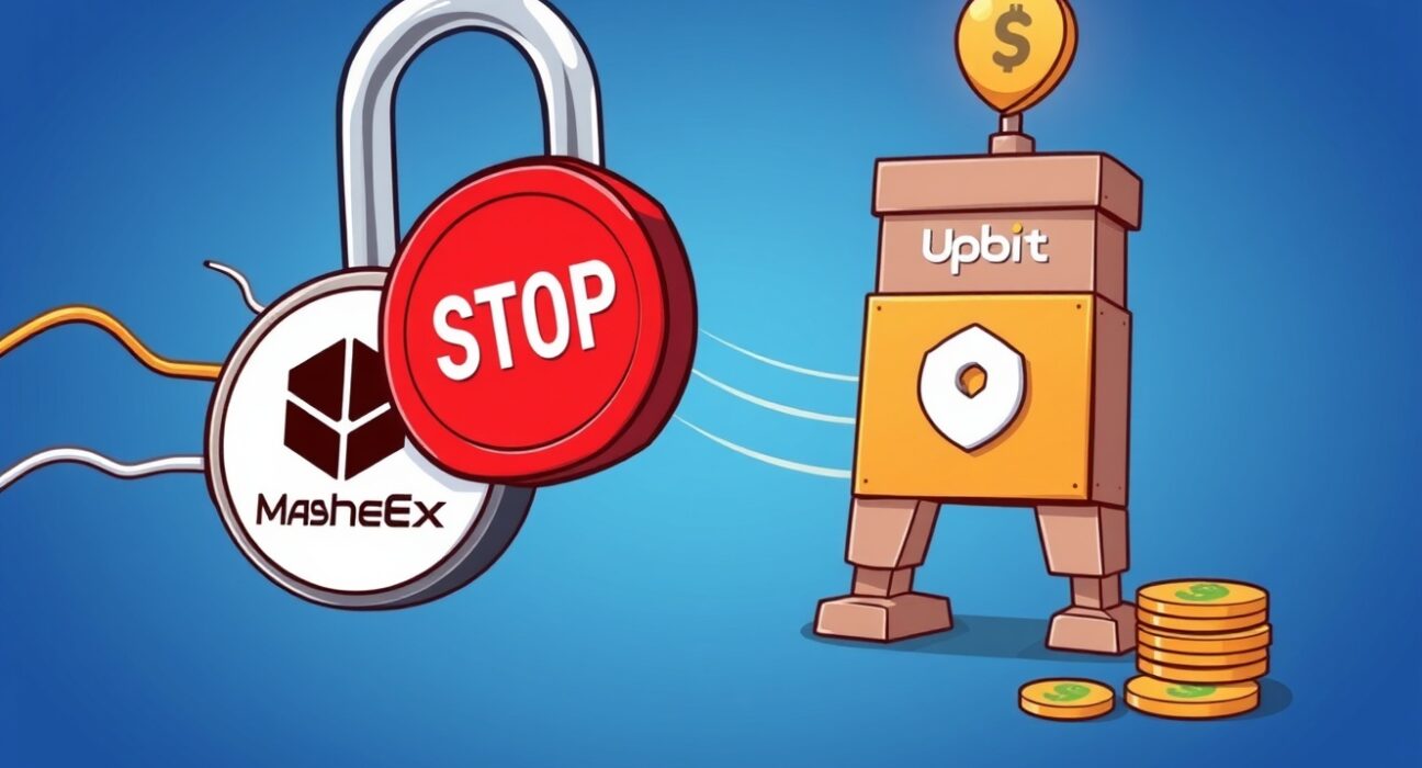A cartoon illustration showing Upbit's firm action as it implements a deposit suspension for MaskEx and Xinbi Guarantee to enhance crypto security.