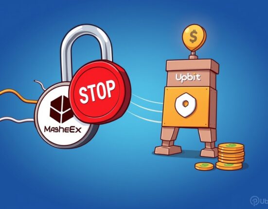 A cartoon illustration showing Upbit's firm action as it implements a deposit suspension for MaskEx and Xinbi Guarantee to enhance crypto security.
