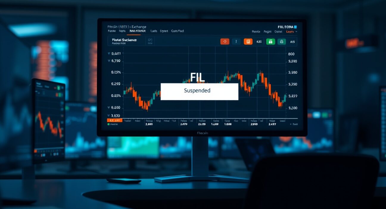 Cryptocurrency exchange interface showing Filecoin (FIL) trading suspended for maintenance