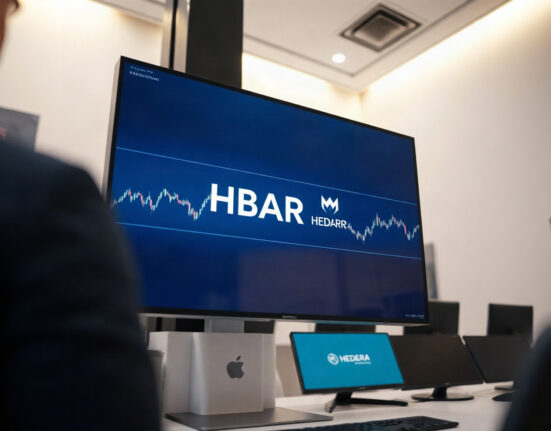 Upbit exchange interface showing HBAR trading with a Hedera logo on screen