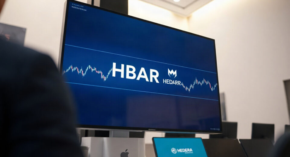 Upbit exchange interface showing HBAR trading with a Hedera logo on screen