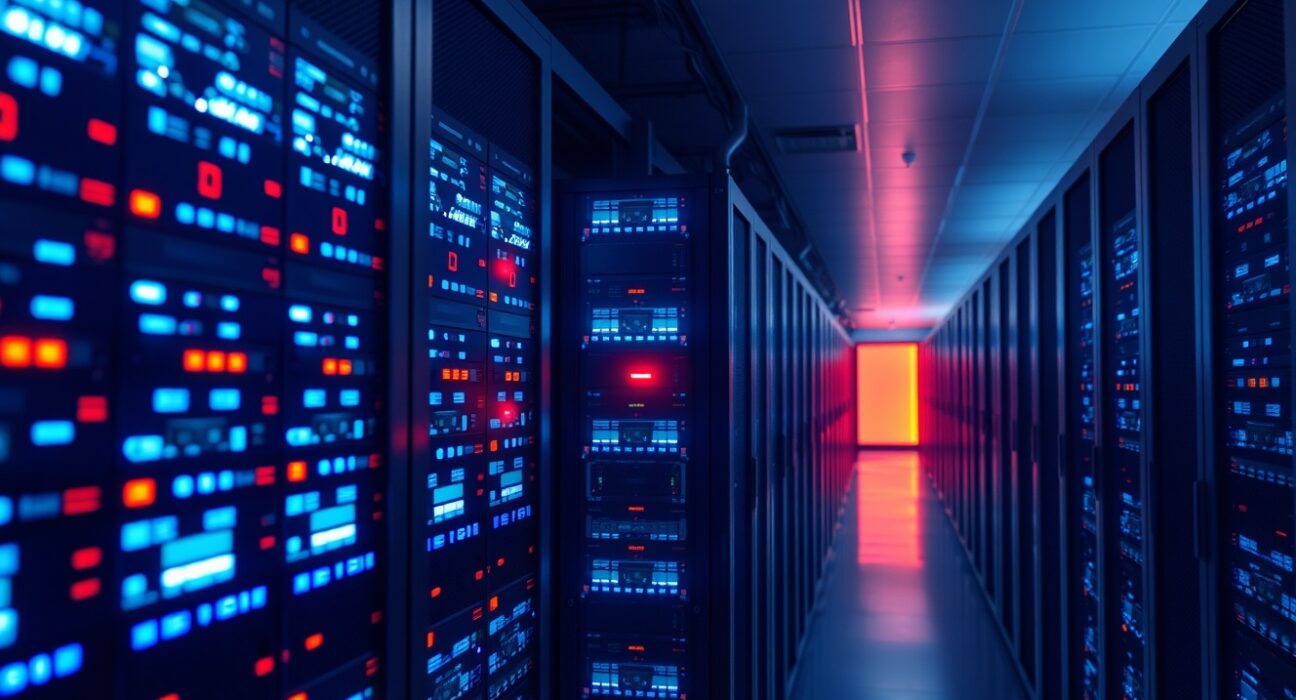 Server room with red alert lights indicating a security incident at a cryptocurrency exchange.