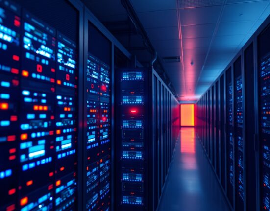 Server room with red alert lights indicating a security incident at a cryptocurrency exchange.