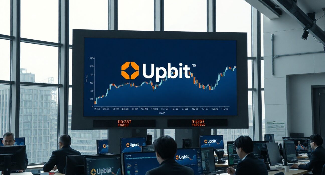 Upbit trading floor in Seoul with digital screens showing cryptocurrency charts and exchange branding