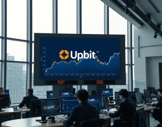 Upbit trading floor in Seoul with digital screens showing cryptocurrency charts and exchange branding