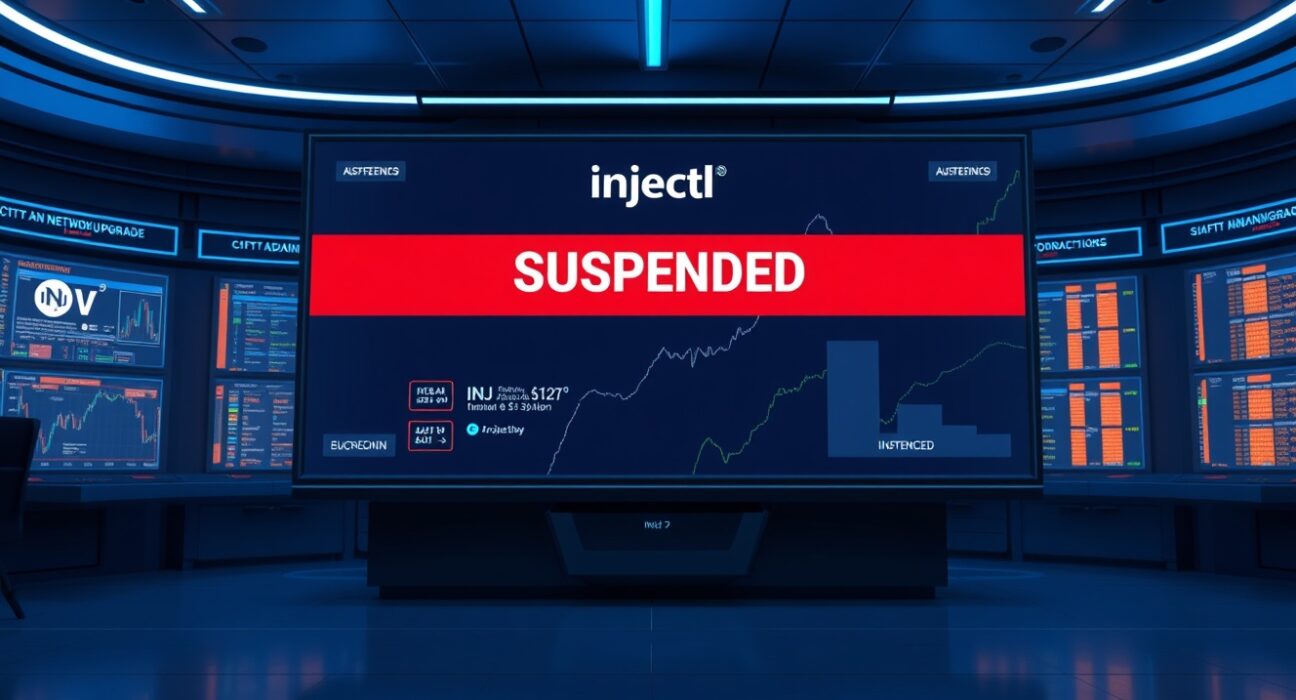 Upbit suspends INJ deposits and withdrawals for Injective network upgrade, with a red suspended banner on a digital trading display