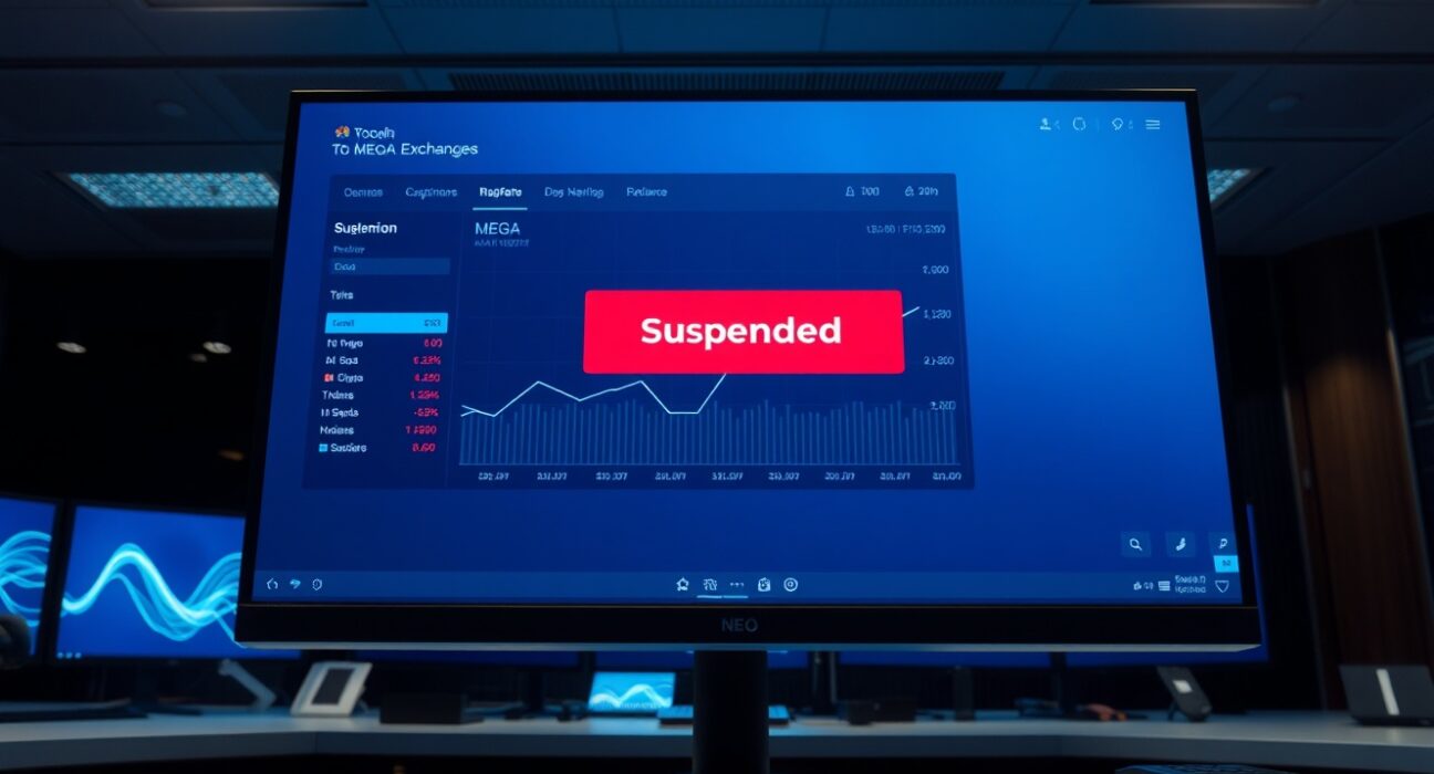 Upbit exchange dashboard showing MEGA token suspension notice
