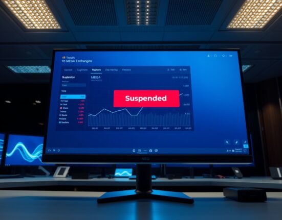 Upbit exchange dashboard showing MEGA token suspension notice