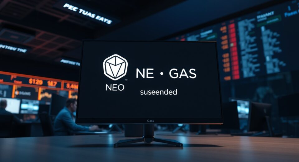 Digital trading screen showing suspended NEO and GAS token deposits on a cryptocurrency exchange platform.