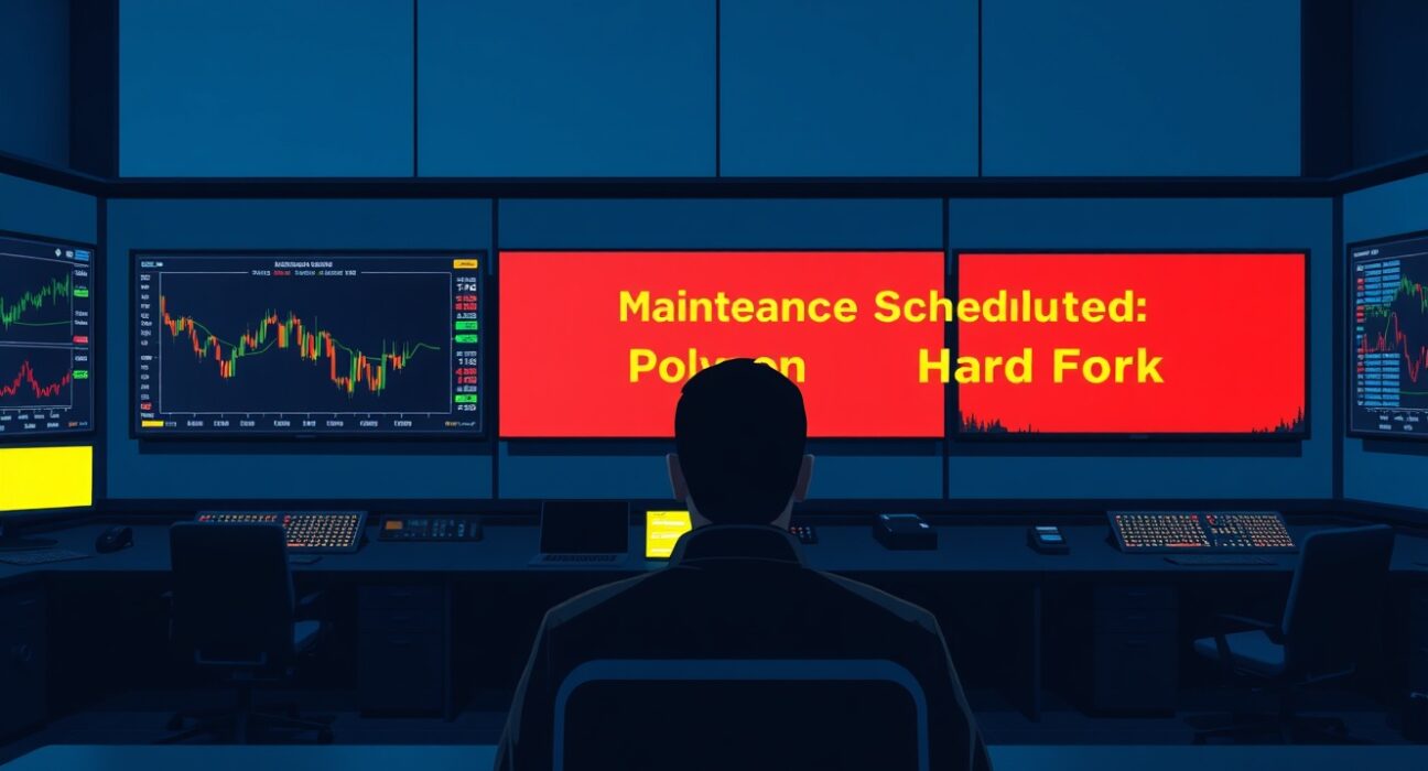 Cryptocurrency exchange control room showing a maintenance alert for a Polygon hard fork.