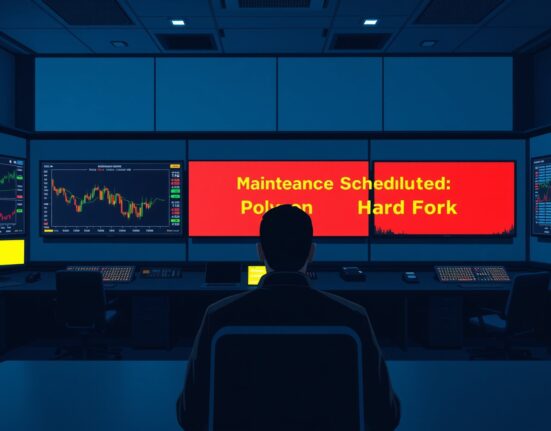Cryptocurrency exchange control room showing a maintenance alert for a Polygon hard fork.