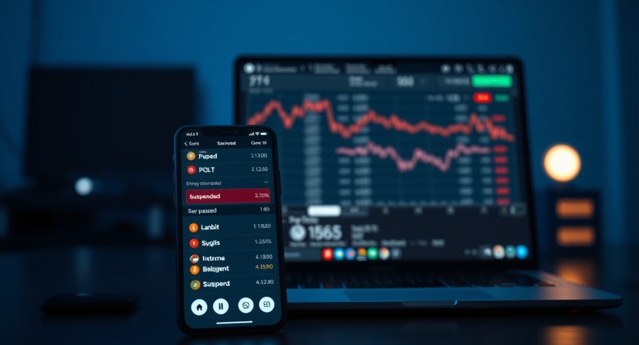 Upbit trading interface showing suspended status for POL and GMT assets on smartphone and laptop